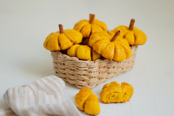 Pumpkin Shaped Bread. Autumn, Styled Composition with Neutral Colours.