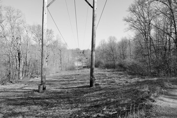 A black and white photo of the country field.