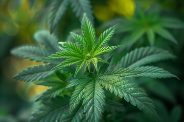 Close up of green leafy marijuana cannabis plant, wallpaper background