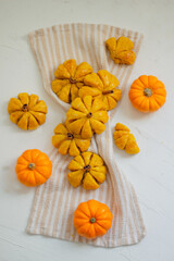 Pumpkin Shaped Bread. Autumn, Styled Composition with Neutral Colours.