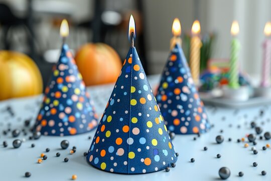 Birthday party caps, blowers and candles on blue background 