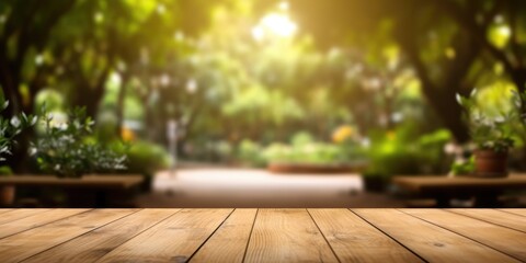 Naklejka na ściany i meble The empty wooden table top with blur background of garden. Exuberant image. generative ai