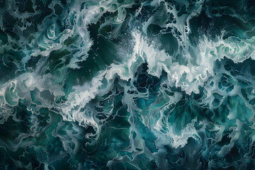 A top-down view of the ocean waves, swirling and crashing in shades of dark blue and green