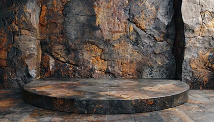 Fototapeta premium Black stone pedestal in stage for product display presentation. Minimalistic organic showcase
