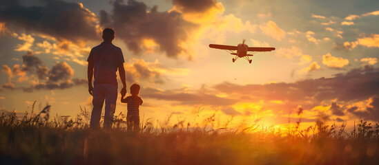 Father and son playing with aircraft against sunset at summer day.