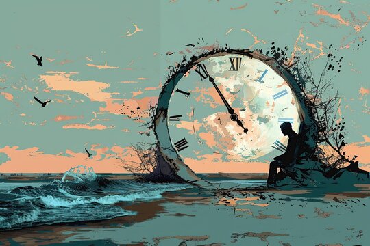 Silhouette of a depressed man sitting on the ground with his head down and holding a watch in his hand, time is running out. Sadness and disappointment due to failure to achieve one's goals. Banner