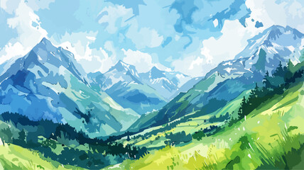 Berge Ländlich Schweiz Alpen Wasserfarben - obrazy, fototapety, plakaty