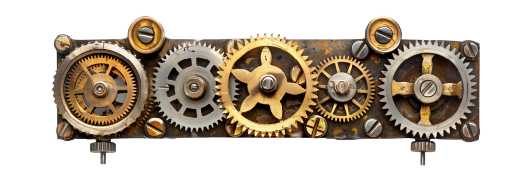 Golden gears and mechanical wheels on a transparent background
