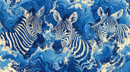 Fototapeta na wymiar Three zebras are swimming in the ocean. The water is blue and the zebras are surrounded by waves