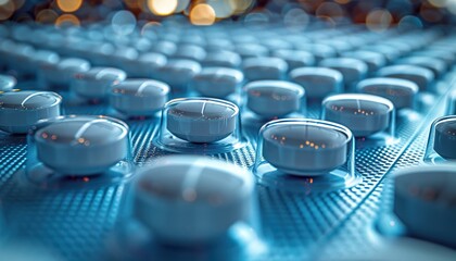 Blue-white antibiotic capsule pills and pill blister pack on blue background. Online pharmacy banner. World Health Day. Pharmaceutical industry. Prescription drugs. Antibiotic drug resistance  - obrazy, fototapety, plakaty