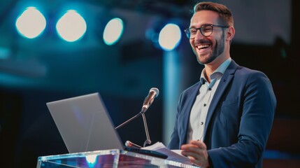 A smiling man delivering a presentation