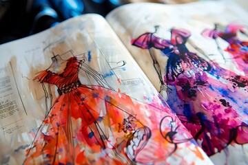 Fototapeta premium Fashion book with ink sketches and watercolor dress designs showcasing haute couture. Concept Fashion Illustrations, Haute Couture, Ink Sketches, Watercolor Designs, Fashion Book