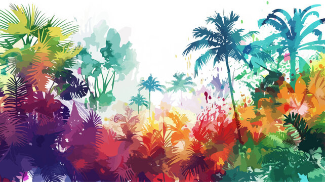Palmen Bunt Wald Naturschutz Regenwald Tropenwald Tropisch Wasserfarben Silhouette Panorama Vektor