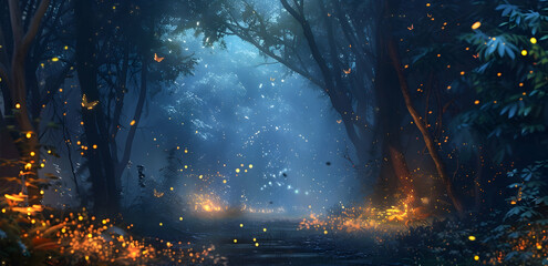A dark forest at night, with fireflies flying around and the light of distant campfires