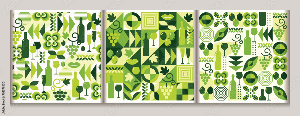 Poster white wine theme seamless patterns with icons, abstract design elements in simple geometric style. g