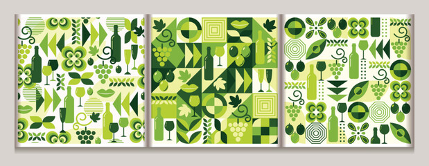 White wine theme seamless patterns with icons, abstract design elements in simple geometric style. Good for branding, decoration of wine package, cover design, decorative print