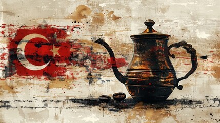 Artistic Turkish coffee pot illustration with vibrant splashes and rustic backdrop