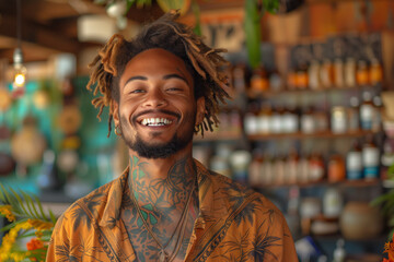Cheerful shopkeeper in a cbd marijuana cannabis shop