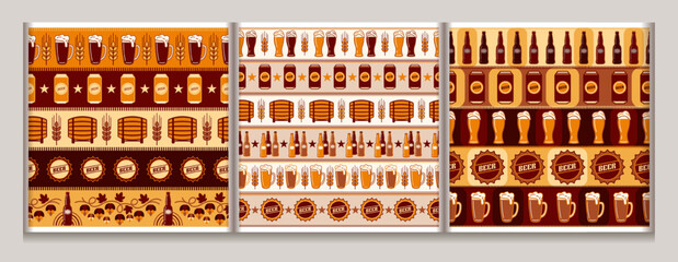 Seamless patterns with icons of beer cans, barrel, glasses, bottle cap. Geometric simple flat style. Good for branding, decoration of beer package, cover design, decorative print.