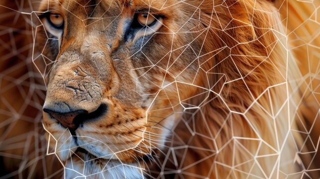 Close-up of the lion's muzzle in grid style. Polygonal computerized image of a wild cat. Facial recognition grid on a live object. Illustration for cover, card, poster, brochure or presentation