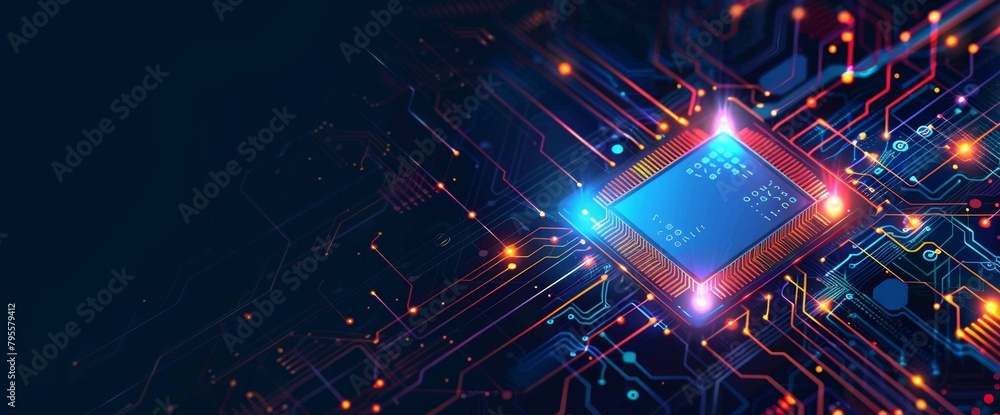 Poster abstract background with digital chip and laser beams, symbolizing the future of technology in ai re
