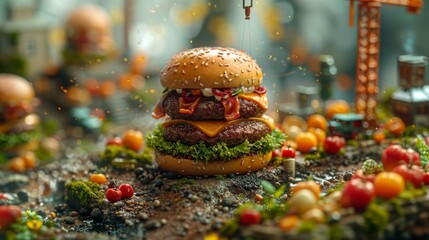 Construction cranes assemble a classic burger in a creative twist, showcasing the intricate art of...