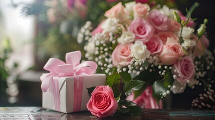 A photo of a bouquet of pink and white flowers in a vase, with a small pink rose in front of it and a wrapped present with a pink ribbon next to it. The flowers are roses, carnations, and eucalyptus.
