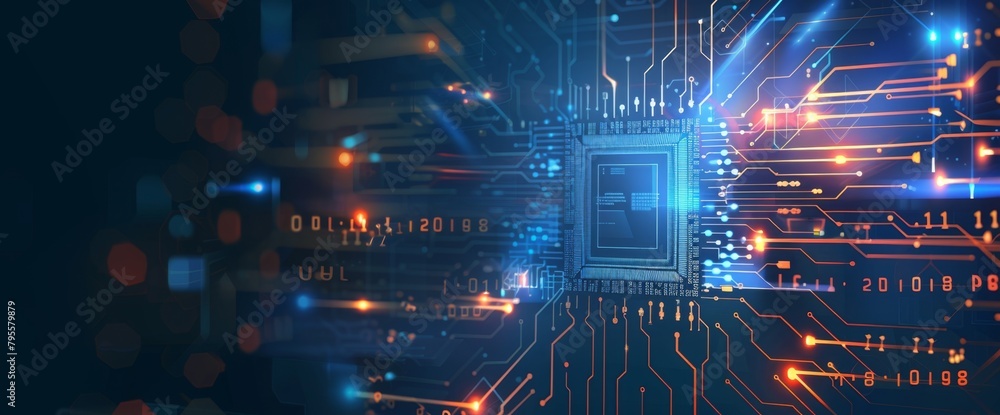 Poster abstract background with digital chip and laser beams, symbolizing the future of technology in ai re