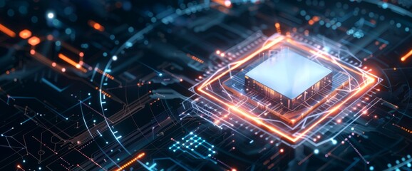 Fototapeta premium Abstract futuristic background with chip and digital data, technology concept banner design, blue color theme pattern made up of glowing lines that form a circle around it Generative AI