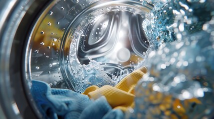 Inside view of a washing machine drum with water, and clothes,