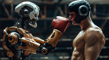 Face to face in the boxing ring, a muscular athlete and a humanoid robot prepare for a showdown, a battle of human strength versus technological prowess.