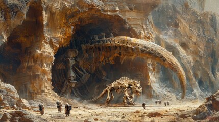 Futuristic scene depicting adventurers exploring a giant mechanical skeleton in a desert landscape