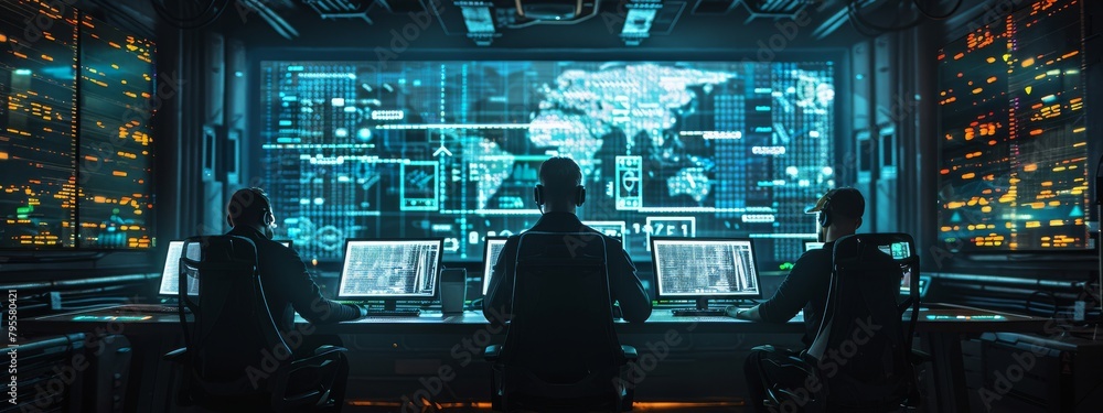 Poster cybersecurity professionals in dark rooms, illuminated by screens displaying blockchain data.