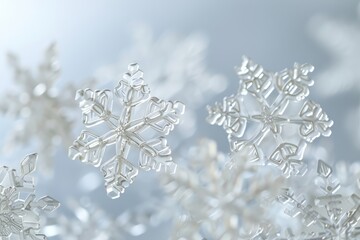 Frosty snowflakes with intricate patterns on a transparent white surface, adding winter wonder