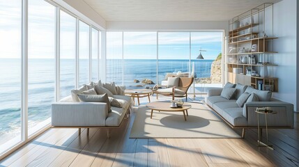Modern, Elegant Oceanfront Living Room with Panoramic Sea View and Natural Light