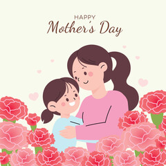 Happy Mother's Day flower background vector. Hand drawn floral wallpaper design of Pink and red Carnation flowers, mom hug daugther. Mother's day concept illustration for cover, greeting card