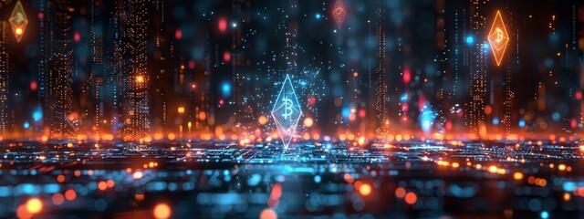 Fototapeta premium Ethereal landscapes with floating, glowing holograms of various cryptocurrencies.