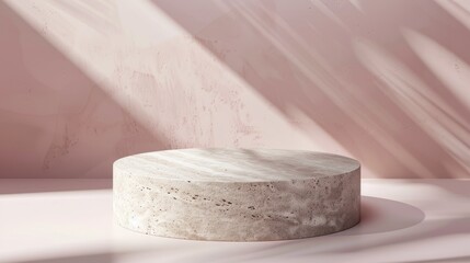 Stone podium in a close-up shot, designed for premium product presentation, complemented by a soft pink background