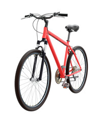 Fototapeta na wymiar Red bicycle, front side view. Black leather saddle and handles. Png clipart isolated on transparent background