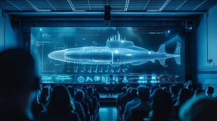 Absorbing views unfold at a technology conference where a large screen illuminates with visualizations of advanced military submarine designs.