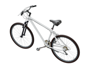 White bicycle, side top view. Black leather saddle and handles. Png clipart isolated on transparent background