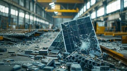 In the dilapidated remnants of a workshop, the crisis in solar panel production plays out, broken equipment and shattered panels narrating a story of downfall.