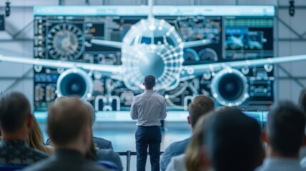 At a global technology conference, aviation experts gather, their full attention held by a large screen showcasing visualization schemes of passenger airliners.