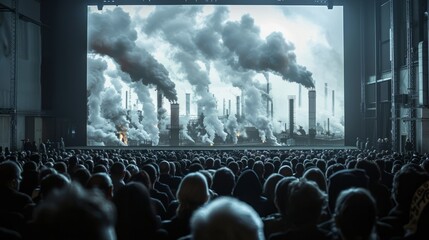 A large screen displaying the alarming visualization of industrial chimneys spewing smoke sets the stage for this vital ecological conference focusing on air pollution.