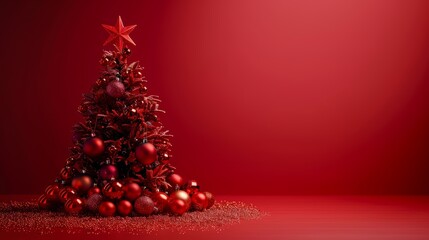 Vivid red Christmas tree beautifully decorated with a bright star, positioned on a table against a radiant red backdrop with copy space