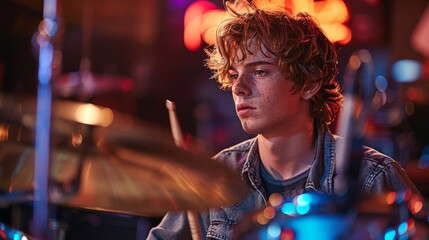 A close-up captures the intensity of a young drummer lost in the beat, his skilled hands nimbly navigating through a complicated drum set during a concert.