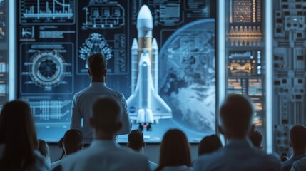 A pulsating technology conference revolves around the construction of space rockets, with the large screen showcasing intricate diagrams and visual models.