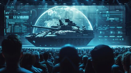 Designs of cutting-edge battle tanks take center stage on a large screen at a technology conference, stirring interest among military enthusiasts and professionals.