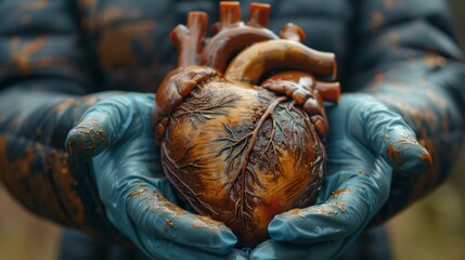 In a breakthrough display, hands encased in medical gloves delicately hold a metallic heart model, symbolizing the future of medical science and organ transplantation.