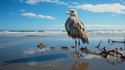 A bird is standing on the beach near the water.